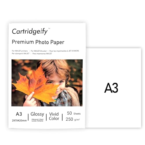Cartridgeify Inkjet Hochglanz-Fotopapier A3 250 g/m², 50 Blatt, für Canon HP Epson Brother Tintenstrahldrucker von Cartridgeify
