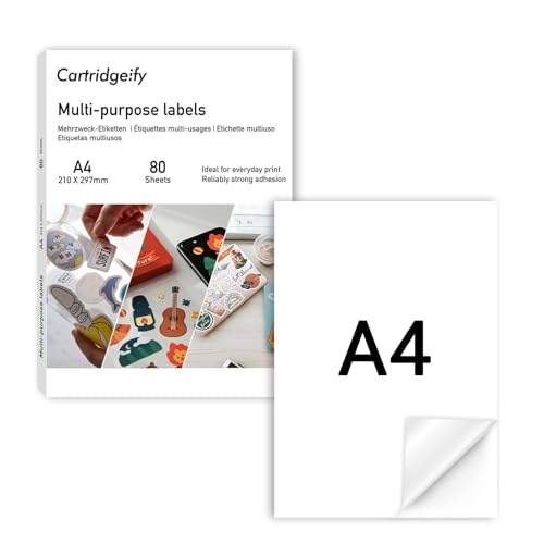 Cartridgeify 80 Blatt Universaletiketten, selbstklebend, A4 210 x 297 mm, individuell bedruckbar, 1 Etikett pro Blatt, matt, 80 Stück, weiß, Kompatibel mit Inkjet & Laser Drucker Cartridgeify 80 Blatt Universaletiketten, selbstklebend, A4 210 x 297 mm, individuell bedruckbar, 1 Etikett pro Blatt, matt, 80 Stück, weiß, Kompatibel mit Inkjet & Laser Drucker von Cartridgeify