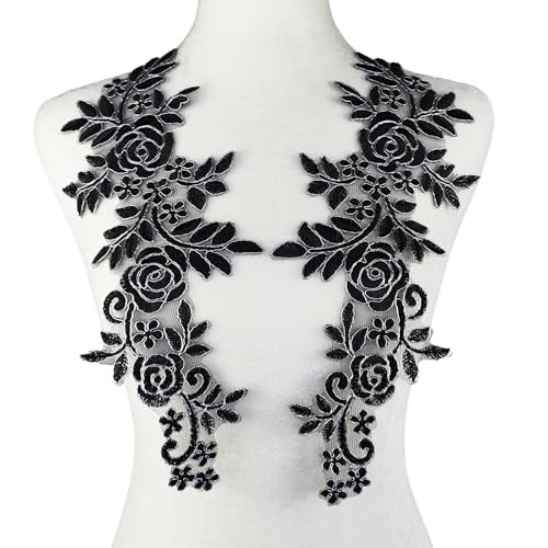 Carytalee 1 Paar 3D-Spitzenblumen-Patches zum Aufnähen auf bestickte Spitzenband-Applikation für Hochzeitskleid, Kleidung, DIY, Nähen, Basteln, Dekoration, Zubehör, schwarz, 37,8 x 10,9 cm von Carytalee