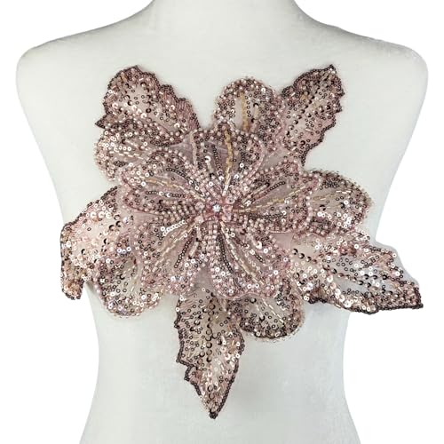 Carytalee 1 x 3D-Spitzen-Pailletten-Blume, bestickte Spitzenapplikation, DIY-Nähaufnäher, Hochzeitskleid-Applikation, Dekoration, Champagnerrosa, 30 x 27 cm von Carytalee