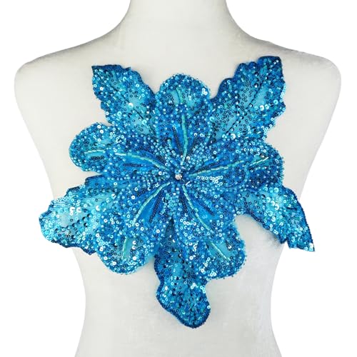 Carytalee 1 x 3D-Spitzen-Pailletten-Blume, zum Aufnähen, bestickte Spitzenapplikation, DIY, Nähen, Aufnäher, Hochzeitskleid, Applikation, Dekoration, Türkisblau, 30 x 27 cm von Carytalee