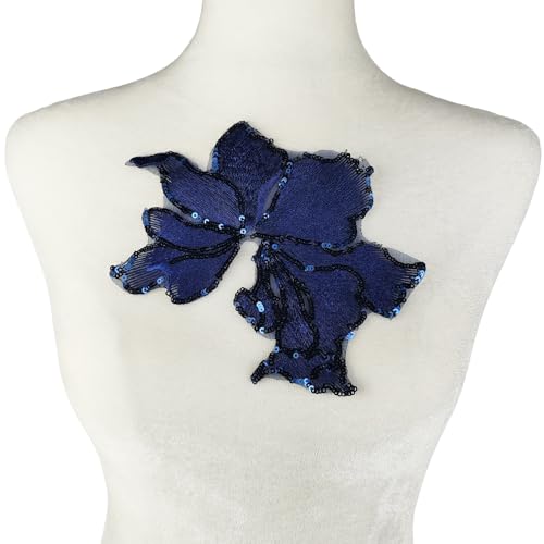 Carytalee 3 x 3D-Blumenverzierung, Stickerei, Pailletten, Spitzen-Applikationen, zum Basteln, Hochzeit, Brautkleid, Nähapplikationen, Marineblau, 20 x 15 cm von Carytalee