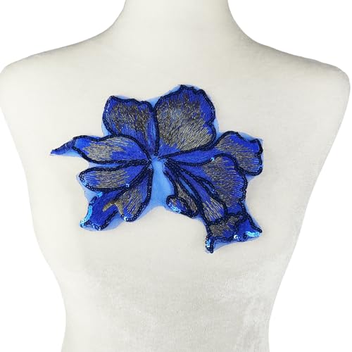 Carytalee 3 x 3D-Blumenverzierung, Stickerei, Pailletten, Spitzen-Applikationen, zum Basteln, für Hochzeit, Brautkleid, Nähapplikationen, Königsblau, 20 x 15 cm von Carytalee
