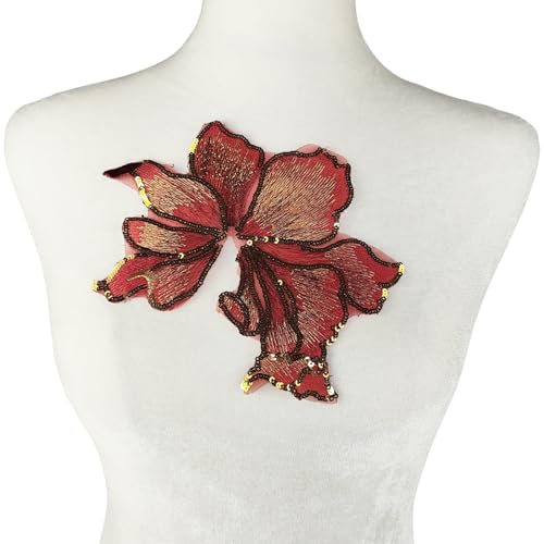 Carytalee 3 x 3D-Blumenverzierung, Stickerei, Pailletten, Spitzen-Applikationen, zum Basteln, für Hochzeit, Brautkleid, Nähen, Applikationen, Rot, 20 x 15 cm von Carytalee