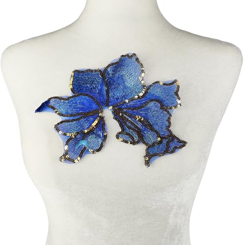 Carytalee 3 x 3D-Blumenverzierung, Stickerei, Pailletten, Spitzen-Applikationen, zum Basteln, für Hochzeit, Brautkleid, Nähen, Applikationen, blau, 20 x 15 cm von Carytalee