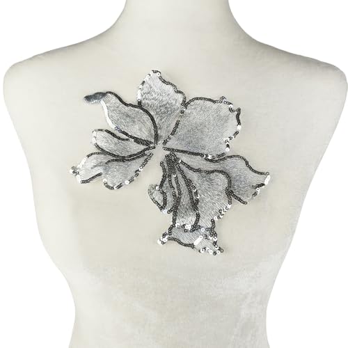 Carytalee 3 x 3D-Blumenverzierung, Stickerei, Pailletten, Spitzen-Applikationen, zum Basteln, für Hochzeit, Brautkleid, Nähen, Applikationen, silberfarben, 20 x 15 cm von Carytalee