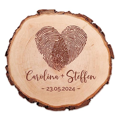 Baumscheibe mit Gravur, Deko Holzscheibe zur Hochzeit, Hochzeitsgeschenk für Brautpaar, Personalisierte Holzplatte mit Namen und Datum, Geschenk zur Hochzeit, Holz Untersetzer, Hochzeitsdeko von Casa Vivente