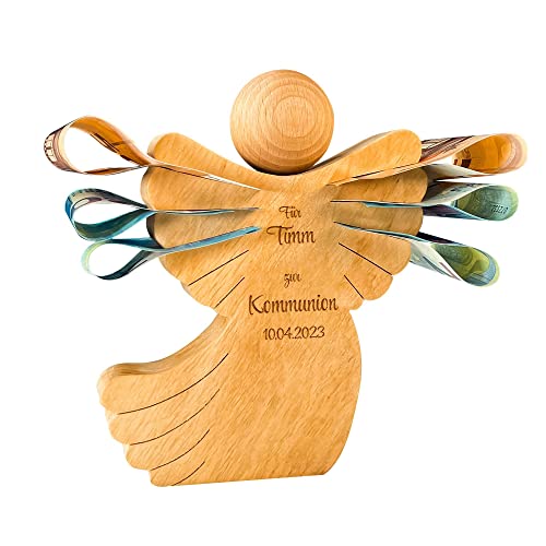 Engel Figur zur Kommunion, Schutzengel mit Gravur, Personalisierte Holzengel Dekofigur, Kommunionsgeschenk, Geldgeschenk für Jungen und Mädchen, Holz Deko Engel, Geschenke zur Kommunion, Holzfigur von Casa Vivente