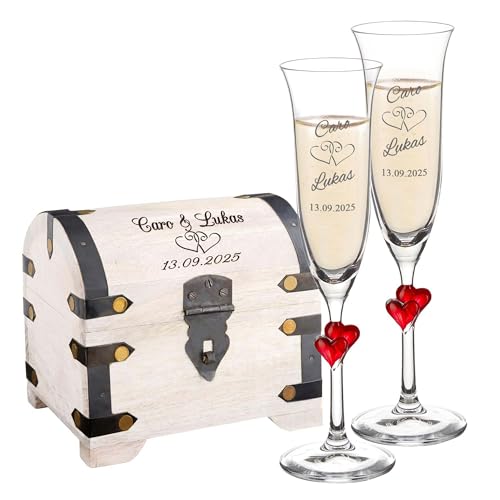 Geschenkset zur Hochzeit, Sektgläser und weiße Schatztruhe mit Gravur, Herzen, Personalisiert mit Namen und Datum, Deko Holztruhe, Hochzeitsgeschenke für Brautpaar, Geldgeschenke Geschenkset zur Hochzeit, Sektgläser und weiße Schatztruhe mit Gravur, Herzen, Personalisiert mit Namen und Datum, Deko Holztruhe, Hochzeitsgeschenke für Brautpaar, Geldgeschenke von Casa Vivente