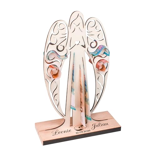 Schutzengel aus Holz zur Hochzeit, personalisierte Geld Engel Figur mit Namen und Datum, DIY Geldgeschenkverpackung zum Selbstgestalten, Deko Holzengel als Geldgeschenk zur Hochzeit von Casa Vivente