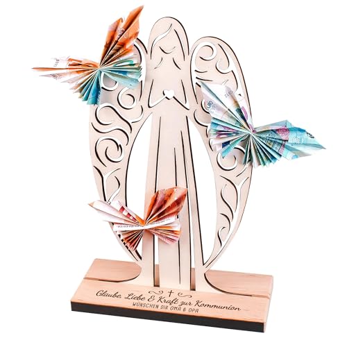 Schutzengel aus Holz zur Kommunion, personalisierte Geld Engel Figur mit Namen, DIY Geldgeschenkverpackung zum Selbstgestalten, Deko Holzengel als Geldgeschenk zur Erstkommunion von Casa Vivente