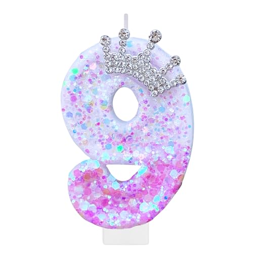 Violette Geburtstagskerze mit Zahl 9, für Kuchen, lila Krone, Kuchendekoration, Prinzessinnengeburtstagsparty-Dekorationen, Cupcake-Topper, Partyzubehör, Dekorationszubehör von CasaPopz