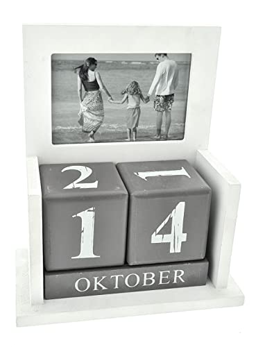 Casablanca Deko Tisch-Kalender mit Bilderrahmen, komplett aus Holz, mit Würfel für die Tag und Monat-Anzeige, 16,5x19,5x8,5cm, grau weiß von Casablanca Deko