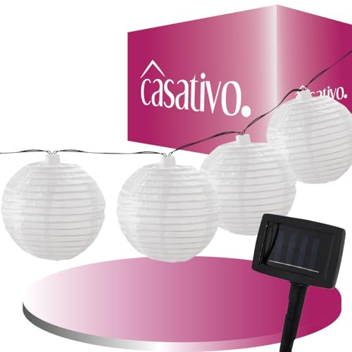 Casativo LED Lampion Lichterkette, Solar, warmweiss, 20 weisse Lampions, 3,8m, IP44, effektvolle Solarlichterkette für Balkon, Terrasse, Garten, Bäume u.v.m von Casativo