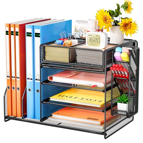Schreibtisch Organizer mit Aktenhalter – 5-Tier Briefablage Ablagefächer mit Schublade, 4 Stifthalter, Schreibtisch-Aufbewahrung, Zeitschriftenhalter für Bürobedarf, Dokumentenaufbewahrung (schwarz) von Casavibe