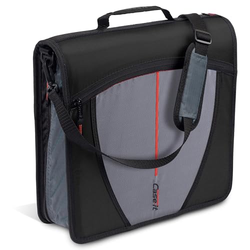 Case-it Mighty D-146-JBK Reißverschluss-Ordner mit Reißverschluss, 7,6 cm O-Ring mit 5-farbigen Reitern, Fächermappe und Schultergurt und Griff, Tiefschwarz von Case-it