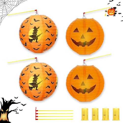 Casenly Halloween Laterne Papier, 4 Stück Mit Laternenstab, Papier Lampion für Kinder, Faltbare Hängedeko Kürbismuster für Party Dekoration Casenly Halloween Laterne Papier, 4 Stück Mit Laternenstab, Papier Lampion für Kinder, Faltbare Hängedeko Kürbismuster für Party Dekoration von Casenly