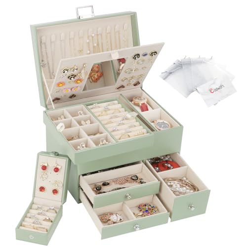 Casiwaft Schmuckkästchen, 3 Ebenen großer PU Leder Reise Schmuckschatulle mit tragbarer Mini-Box für Reisen, Schmuckbox mit Spiegel für Halsketten, Ohrringe, Ringe, Uhren, Avocadogrün Casiwaft Schmuckkästchen, 3 Ebenen großer PU Leder Reise Schmuckschatulle mit tragbarer Mini-Box für Reisen, Schmuckbox mit Spiegel für Halsketten, Ohrringe, Ringe, Uhren, Avocadogrün von Casiwaft