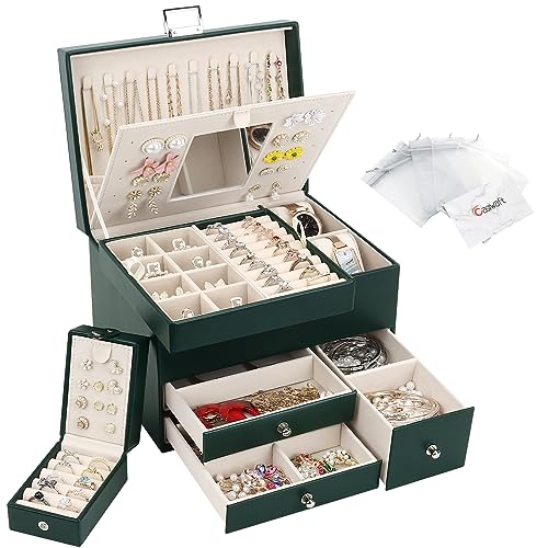 Casiwaft Schmuckkästchen, 3 Ebenen großer PU Leder Reise Schmuckschatulle mit tragbarer Mini-Box für Reisen, Schmuckbox mit Spiegel für Halsketten, Ohrringe, Ringe, Uhren, Dunkelgrün Casiwaft Schmuckkästchen, 3 Ebenen großer PU Leder Reise Schmuckschatulle mit tragbarer Mini-Box für Reisen, Schmuckbox mit Spiegel für Halsketten, Ohrringe, Ringe, Uhren, Dunkelgrün von Casiwaft