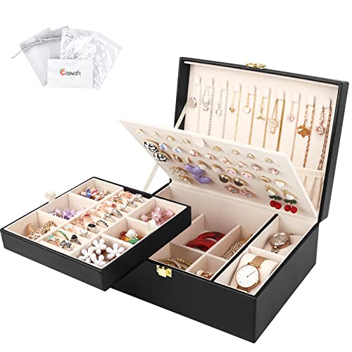 Casiwaft Schmuckkästchen für Halsketten, Ohrringe, Armbänder, Ringe, Uhren, 2 Ebenen großer PU Leder Reise Schmuckschatulle mit abnehmbarem Tablett und großer Nietenplatte, Schwarz Casiwaft Schmuckkästchen für Halsketten, Ohrringe, Armbänder, Ringe, Uhren, 2 Ebenen großer PU Leder Reise Schmuckschatulle mit abnehmbarem Tablett und großer Nietenplatte, Schwarz von Casiwaft