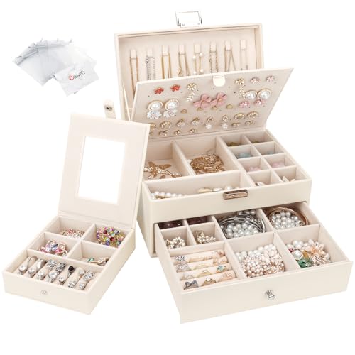 Schmuckkästchen mit 2 Ebenen mit Schubladen, Groß PU Leder Schmuckbox mit tragbarem Reise Schmuckkasten, Schmuckschatulle Damen Mädchen für Ringe, Ohrringe, Armbänder, Halsketten, Beige von Casiwaft