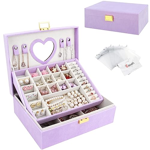 Schmuckkasten, Großer Schmuckkästchen mit Spiege für Damen Mädchen, Samt Schmuckbox Schmuckschatulle Groß Schmuck Organizer für Ringe Ohrringe Armbänder Halsketten, Lila von Casiwaft