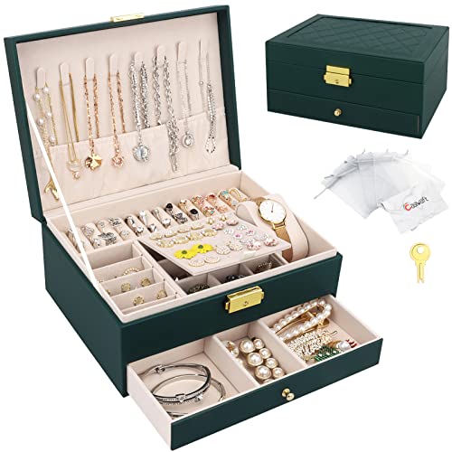 Schmuckkasten, Schmuckkästchen mit 2 Ebenen mit Schubladen, PU-Leder Schmuckbox Schmuckschatulle Groß Schmuck Organizer für Ringe Ohrringe Armbänder Halsketten, Dunkelgrün von Casiwaft