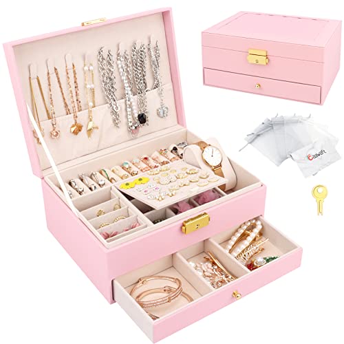 Schmuckkasten, Schmuckkästchen mit 2 Ebenen mit Schubladen, PU-Leder Schmuckbox Schmuckschatulle Groß Schmuck Organizer für Ringe Ohrringe Armbänder Halsketten, Rosa Schmuckkasten, Schmuckkästchen mit 2 Ebenen mit Schubladen, PU-Leder Schmuckbox Schmuckschatulle Groß Schmuck Organizer für Ringe Ohrringe Armbänder Halsketten, Rosa von Casiwaft