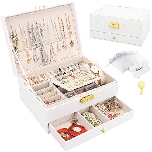 Schmuckkasten, Schmuckkästchen mit 2 Ebenen mit Schubladen, PU-Leder Schmuckbox Schmuckschatulle Groß Schmuck Organizer für Ringe Ohrringe Armbänder Halsketten, Weiß von Casiwaft