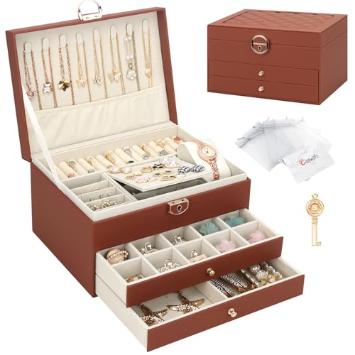 Schmuckkasten, Schmuckkästchen mit 3 Ebenen mit Schubladen, PU-Leder Schmuckbox Schmuckschatulle Groß Schmuck Organizer für Ringe Ohrringe Armbänder Halsketten, Braun Schmuckkasten, Schmuckkästchen mit 3 Ebenen mit Schubladen, PU-Leder Schmuckbox Schmuckschatulle Groß Schmuck Organizer für Ringe Ohrringe Armbänder Halsketten, Braun von Casiwaft