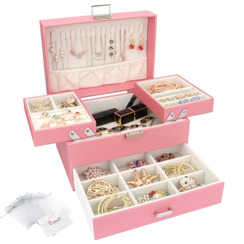 Schmuckkasten, Schmuckkästchen mit Schubladen für Damen Mädchen, PU-Leder Jewelry Box Schmuckbox Schmuckschatulle Groß Schmuck Organizer für Ringe Ohrringe Armbänder Halsketten, Rosa von Casiwaft