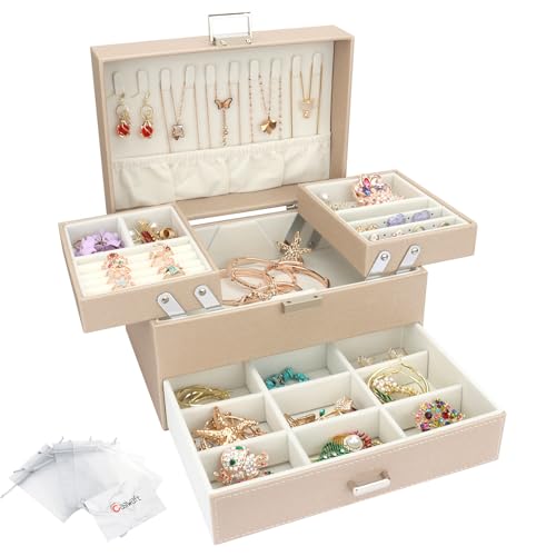 Schmuckkasten, Schmuckkästchen mit Schubladen für Damen Mädchen, PU-Leder Jewelry Box Schmuckbox Schmuckschatulle Groß Schmuck Organizer für Ringe Ohrringe Armbänder Halsketten, Beige von Casiwaft