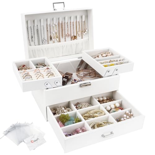 Schmuckkasten, Schmuckkästchen mit Schubladen für Damen Mädchen, PU-Leder Jewelry Box Schmuckbox Schmuckschatulle Groß Schmuck Organizer für Ringe Ohrringe Armbänder Halsketten, Weiss von Casiwaft