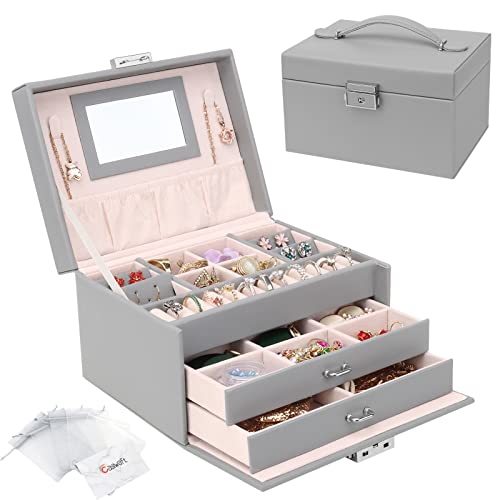 Schmuckkasten, Schmuckkästchen mit Schubladen für Damen Mädchen, PU-Leder Schmuckbox Schmuckschatulle Groß Schmuck Organizer für Ringe Ohrringe Armbänder Halsketten, Grau von Casiwaft