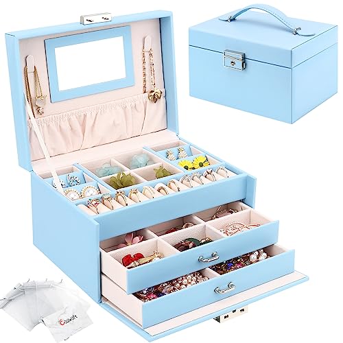 Schmuckkasten, Schmuckkästchen mit Schubladen für Damen Mädchen, PU-Leder Schmuckbox Schmuckschatulle Groß Schmuck Organizer für Ringe Ohrringe Armbänder Halsketten, Himmelblau von Casiwaft