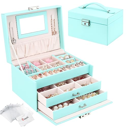 Schmuckkasten, Schmuckkästchen mit Schubladen für Damen Mädchen, PU-Leder Schmuckbox Schmuckschatulle Groß Schmuck Organizer für Ringe Ohrringe Armbänder Halsketten, Minzgrün von Casiwaft