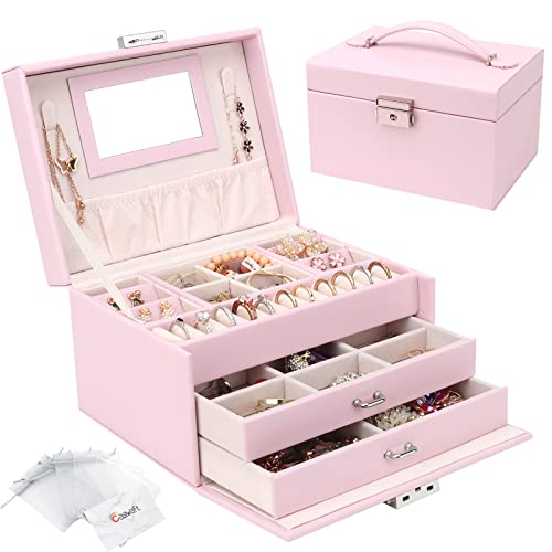 Schmuckkasten, Schmuckkästchen mit Schubladen für Damen Mädchen, PU-Leder Schmuckbox Schmuckschatulle Groß Schmuck Organizer für Ringe Ohrringe Armbänder Halsketten, Rosa von Casiwaft