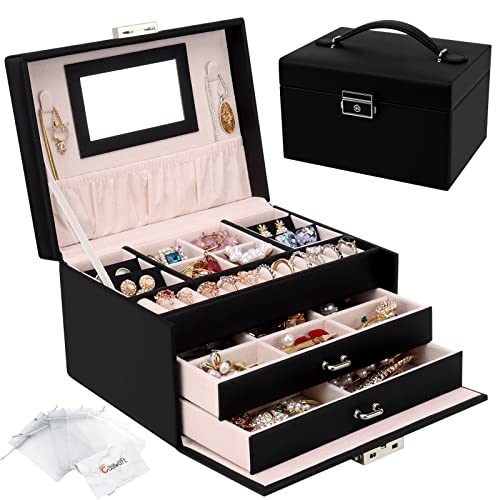 Schmuckkasten, Schmuckkästchen mit Schubladen für Damen Mädchen, PU-Leder Schmuckbox Schmuckschatulle Groß Schmuck Organizer für Ringe Ohrringe Armbänder Halsketten, Schwarz von Casiwaft