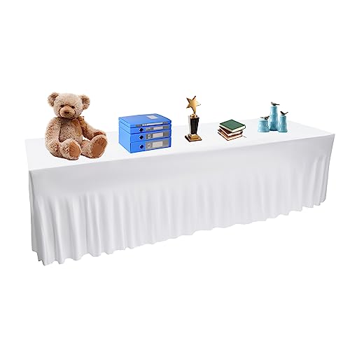 2-Pack 8ft Polyester Tischrock Fitted weiße Stretch Tischdecke,Knitterarmes weißes Polyester,Einteilige faltenfreie Rüschen Design,Tischdecke Hochzeit von Caskunbsy