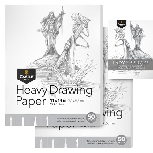 Castle Art Supplies Dickes Zeichenpapier 11 x 14 Zoll|2er-Pack|50 Blatt pro Block (160 g/m2) schneeweißes, glattes Skizzenpapier|Säurefrei|Der ideale Zeichenblock für alle Künstler (11x14, 2er-Pack) von Castle Art Supplies