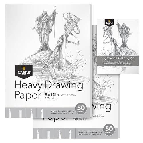 Castle Art Supplies Dickes Zeichenpapier 9 x 12 Zoll|2er-Pack|50 Blatt pro Block (160 g/m2) schneeweißes, glattes Skizzenpapier|Säurefrei|Der ideale Zeichenblock für alle Künstler (9x12, 2er-Pack) von Castle Art Supplies