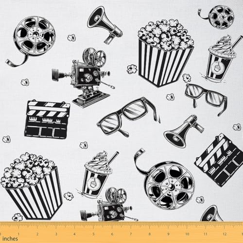 Cinema Fabric by The Yard, Retro Theater Film Projector Polsterstoff für Stühle, Coca Cola Popcorn Graffiti Dekorativer Stoff für DIY-Projekte, Vintage Bauernhaus-Stil, Nähzubehör, 2 Meter von Castle Fairy