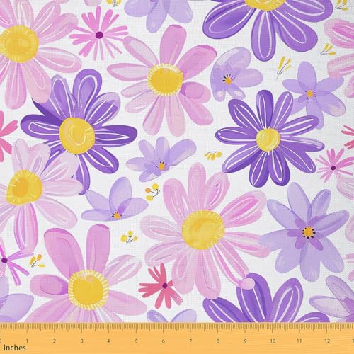 Ölgemälde-Stoff mit Gänseblümchen-Motiv, rustikaler Pflanzengarten-Polsterstoff, niedliches florales Graffiti, dekorative Stoffe, lila, rosa, gelb, Bastel- und Nähzubehör, DIY-Stoffe, 2 m, 183 cm L x von Castle Fairy
