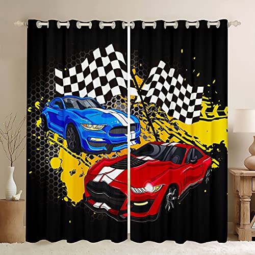 Rennsport-Vorhänge, schwarz-weiß, Gitter-Fenstervorhänge, coole Rennauto-Fenster-Behandlungsvorhänge, Heimdekoration, Extremsport-Thema, Schlafzimmer, 198x137 cm (BxL) von Castle Fairy
