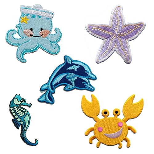 Catch the Patch Strand Meerestiere Set 5 Stück - (Größe: verschiedene Größen) – Aufbügler & Applikationen in verschiedenen Größen – Ideal für Kleidung, Schulranzen, Jeans & Rucksäcke von Catch the Patch