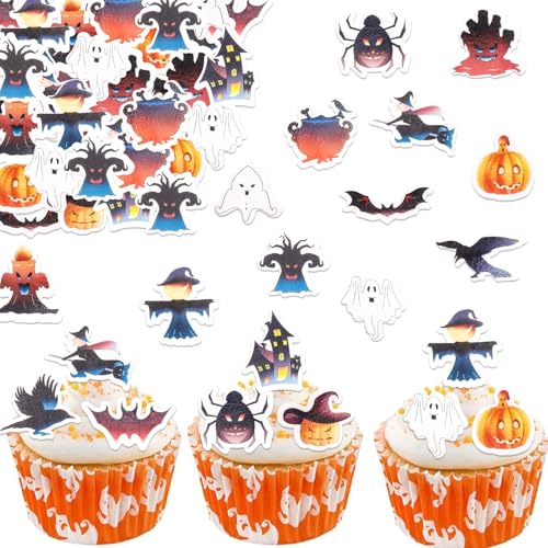 Catelves Halloween Tortendeko Essbar,48 Stück Essbare Halloween Deko Kuchen,Kürbis Cupcake Topper,Fledermaus Muffin Dekoration,Esspapier Tortendeko,Essbare Hexe Deko Torte für Halloweenparty von Catelves