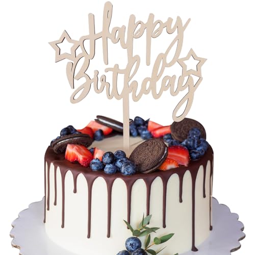 Catelves Happy Birthday Cake Topper Holz, Kuchendeko Geburtstag Stern, Tortenstecker Geburtstag, Cake Topper Geburtstag, Torten Topper Geburtstag, Tortendeko Geburtstag für Mädchen Junge Frauen Mann von Catelves