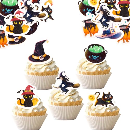 Catelves 48 Stück Hexe Tortendeko Essbar, Esspapier Halloween Cupcake Deko 6 Stile,Essbare Halloween Tortendeko Geburtstag, Essbare Hexe Kuchen Deko für Horror Party,Halloweenparty Zubehör von Catelves