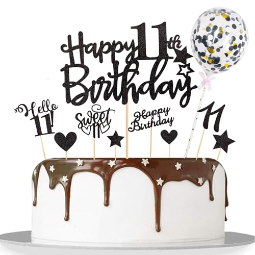 Catelves Tortendeko 11 Geburtstag Junge Mädchen,10 Stk Glitzer Kuchendeko Geburtstag 11 Jahre Mädchen,Happy 11th Birthday Cake Topper Schwarz,Sweet 11 Torten Deko Geburtstagsdeko 11 Jahre Junge von Catelves