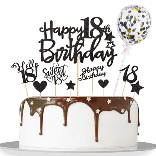 Catelves Tortendeko 18. Geburtstag Junge Mädchen,10 Stk Glitzer Cake Topper 18 Geburtstag Deko Schwarz,Happy 18th Birthday Kuchendeko,Sweet 18 Torten Deko,Hello 18 Cupcake Topper 18 Jahre Junge von Catelves
